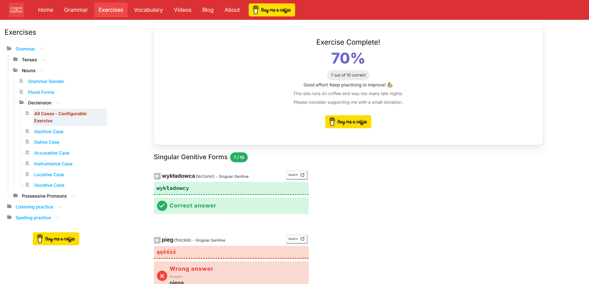 Noun declinator improved UX