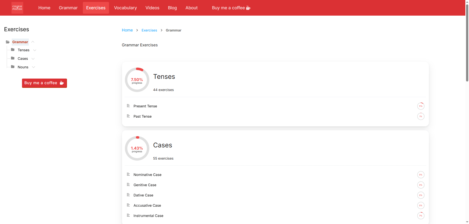 Exercise Categories with Progress Indicators