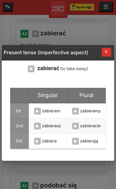 Conjugation modal on a mobile screen