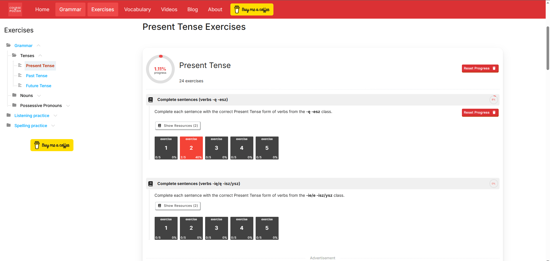 Reset exercise progress