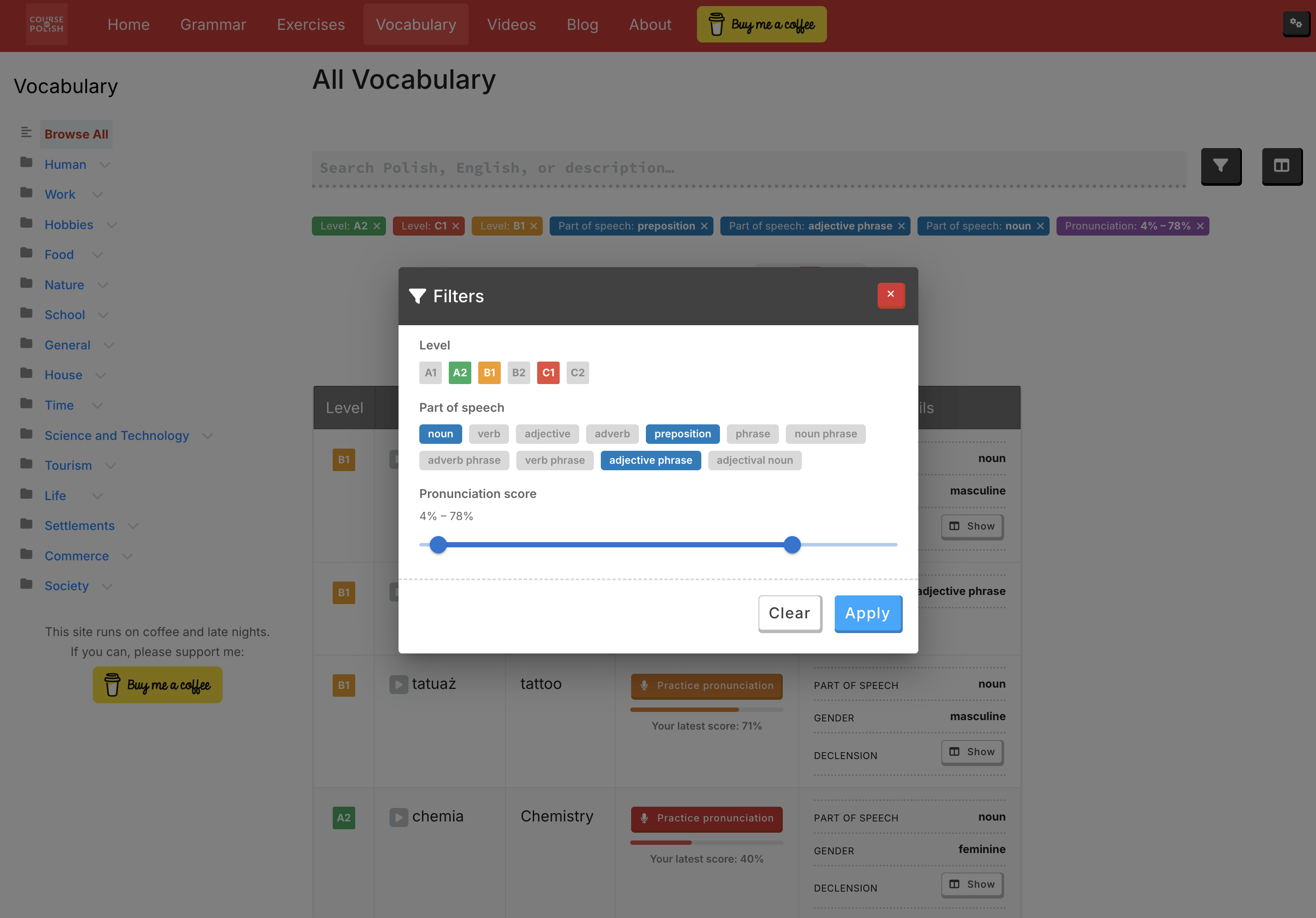 Filters modal