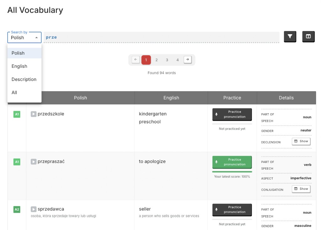 Search vocabulary by Polish, English, or description