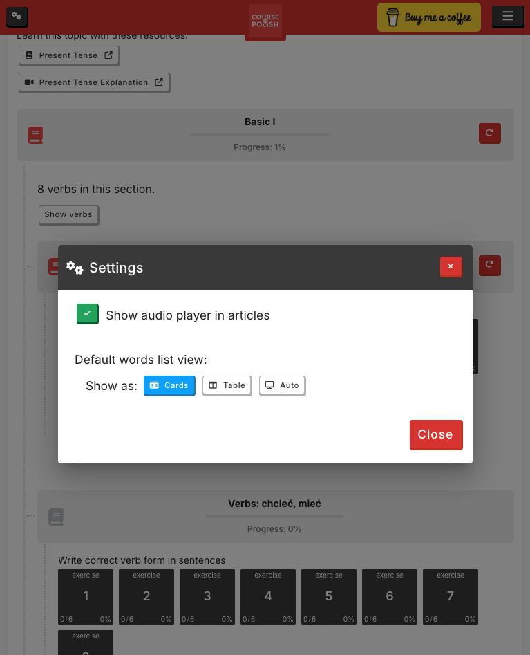 Default words list view in settings