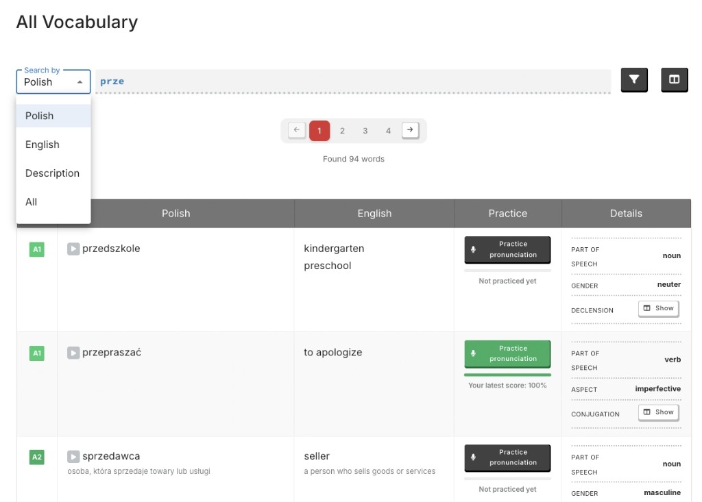 Search vocabulary by Polish, English, or description